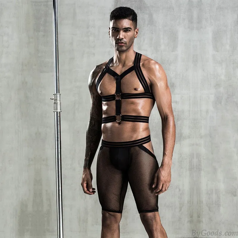 Sexy Elastic Shoulder Harness Strappy Short Mesh Underpants 2 Piece Set Underwear Jockstrap Breathable Men's Underwear Gay Bodys