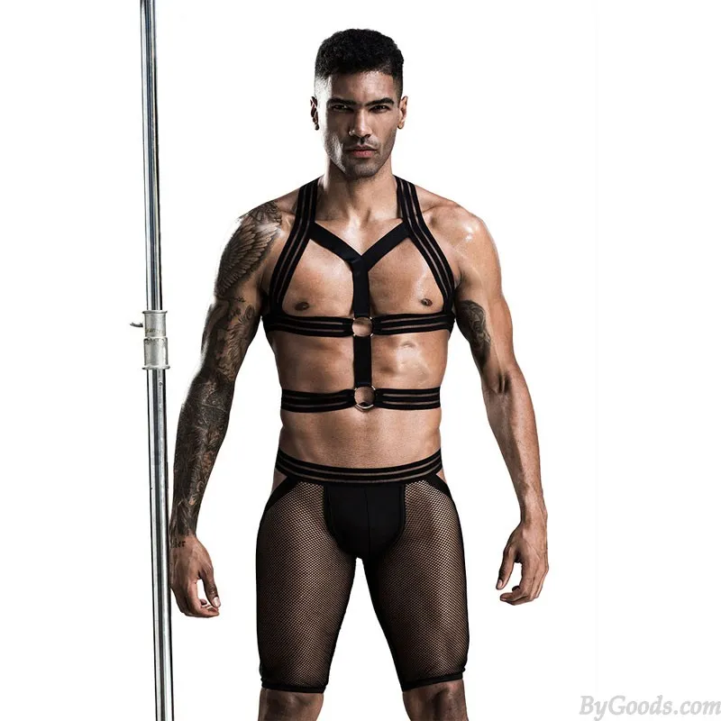 Sexy Elastic Shoulder Harness Strappy Short Mesh Underpants 2 Piece Set Underwear Jockstrap Breathable Men's Underwear Gay Bodys