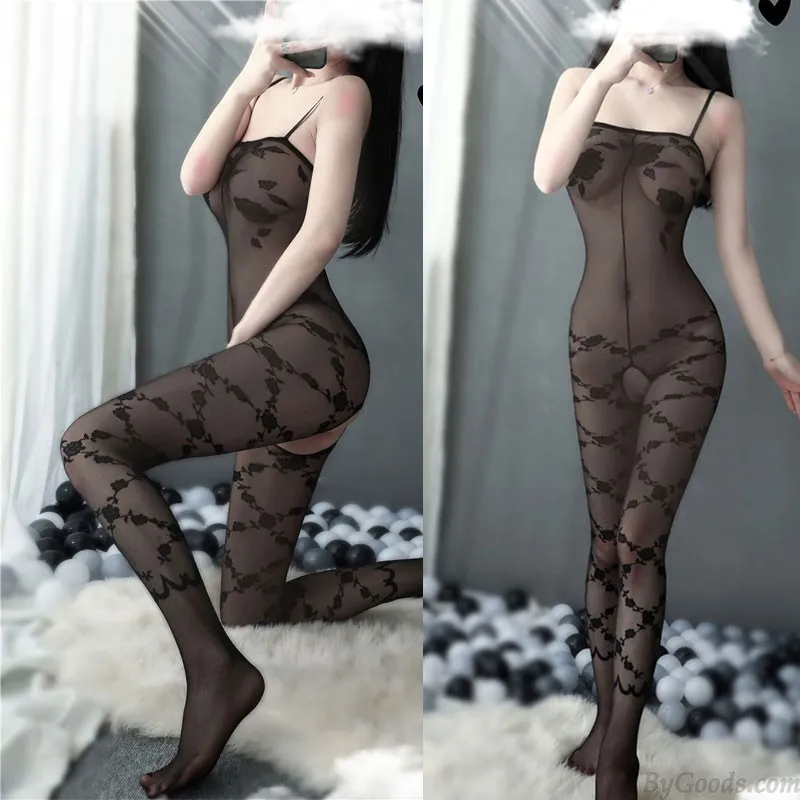 Sexy Mesh Rose Flower Print High Elasticity Exotic Crotchless Suspenders Lingerie Bodysuits Tights Women's Bodystockings 