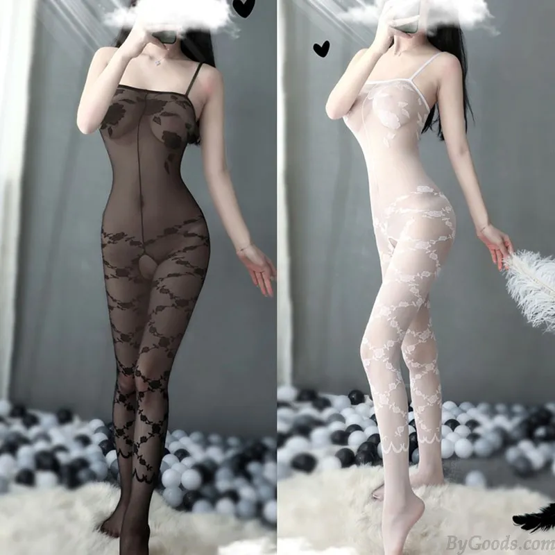 Sexy Mesh Rose Flower Print High Elasticity Exotic Crotchless Suspenders Lingerie Bodysuits Tights Women's Bodystockings 