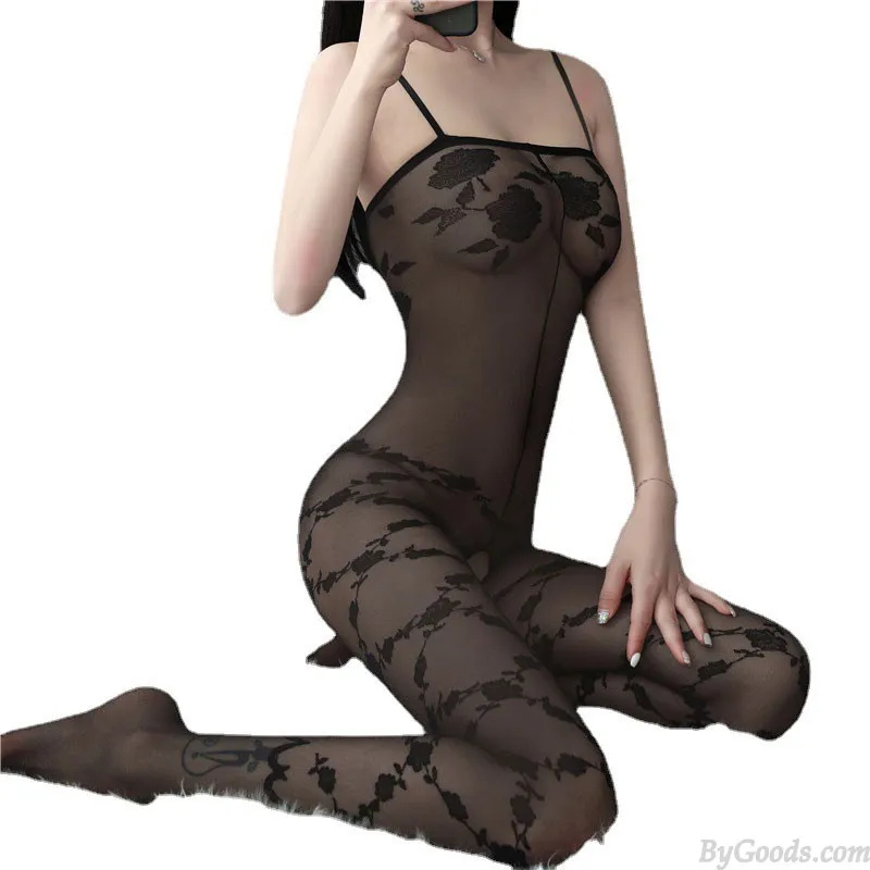 Sexy Mesh Rose Flower Print High Elasticity Exotic Crotchless Suspenders Lingerie Bodysuits Tights Women's Bodystockings 
