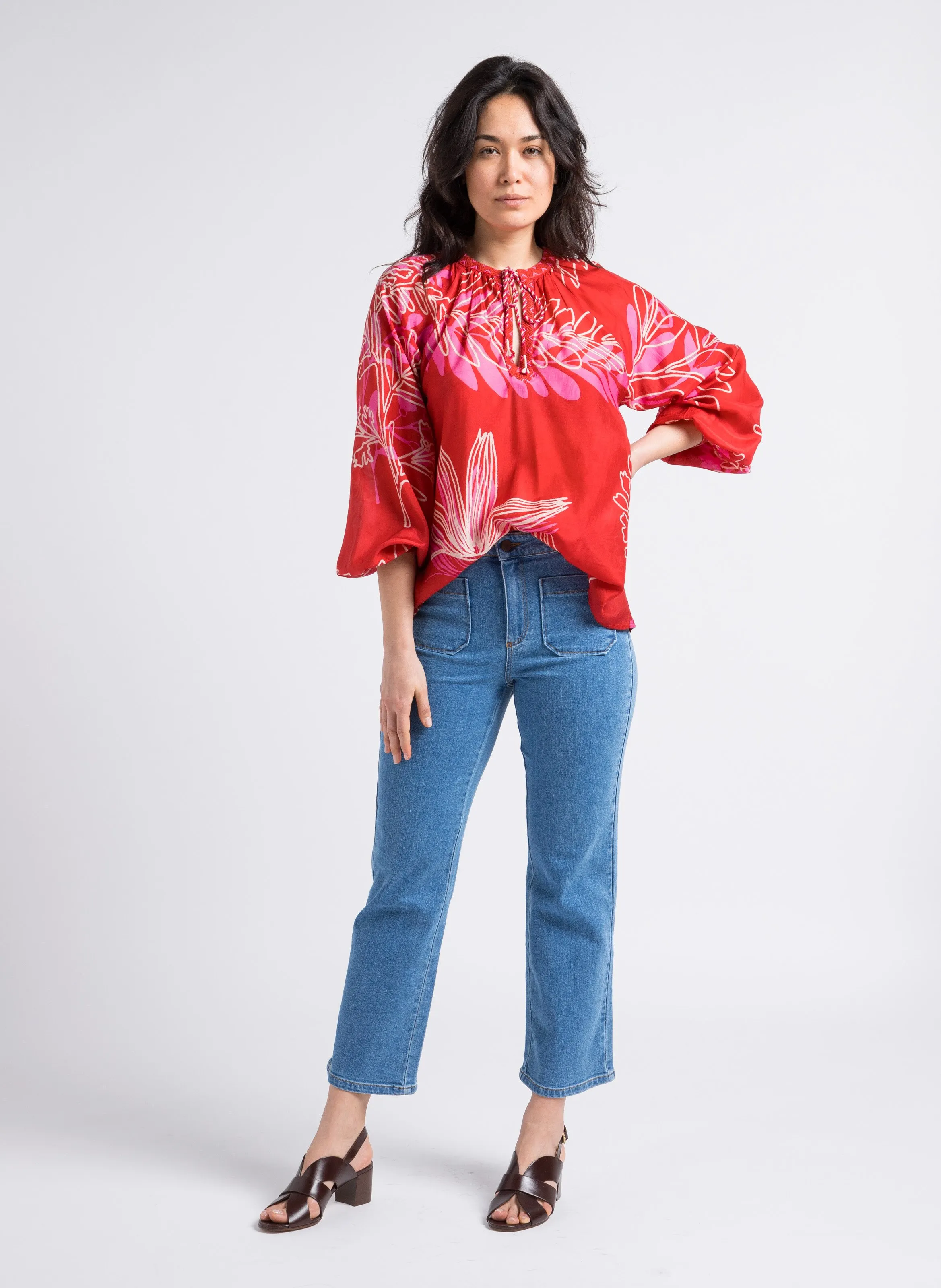 STELLA FOREST ORNELLA  TúNICA RECTA CON CUELLO TUNECINO ESTAMPADO EN ROJO