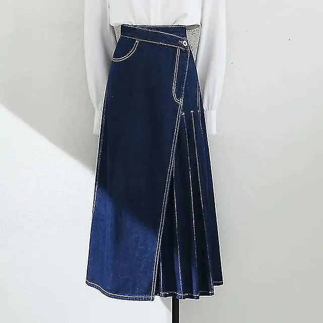 SUMMER PLEATED SKIRTS FOR WOMEN FASHION IRREGULAR PAATCHWORK ALINE DENIM SKIRTS FEMALE KOREAN HIGH WAIST LONG SKIRT