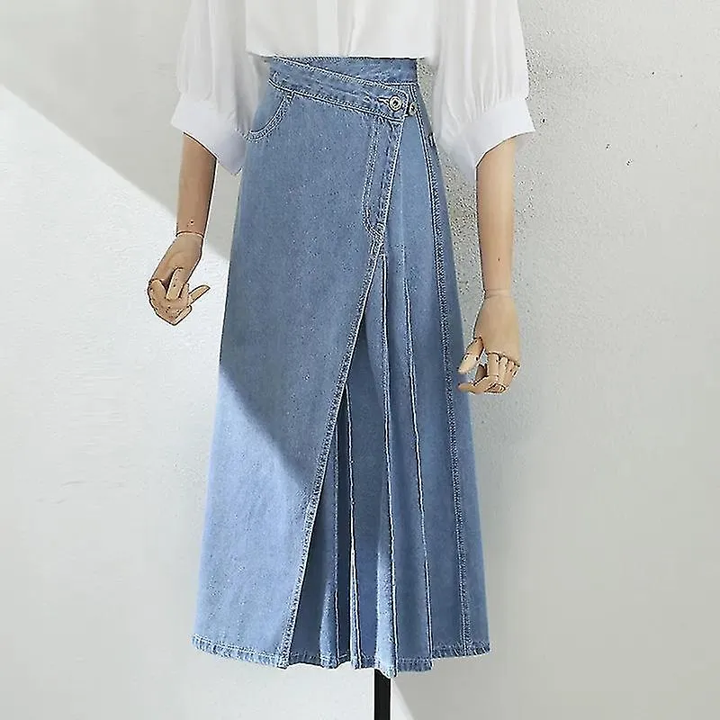 SUMMER PLEATED SKIRTS FOR WOMEN FASHION IRREGULAR PAATCHWORK ALINE DENIM SKIRTS FEMALE KOREAN HIGH WAIST LONG SKIRT