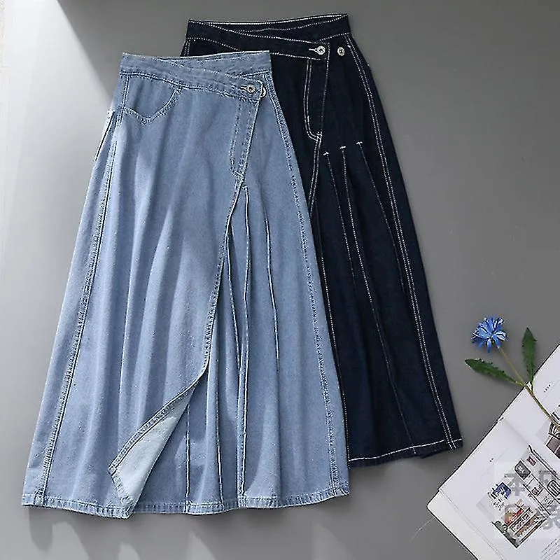 SUMMER PLEATED SKIRTS FOR WOMEN FASHION IRREGULAR PAATCHWORK ALINE DENIM SKIRTS FEMALE KOREAN HIGH WAIST LONG SKIRT
