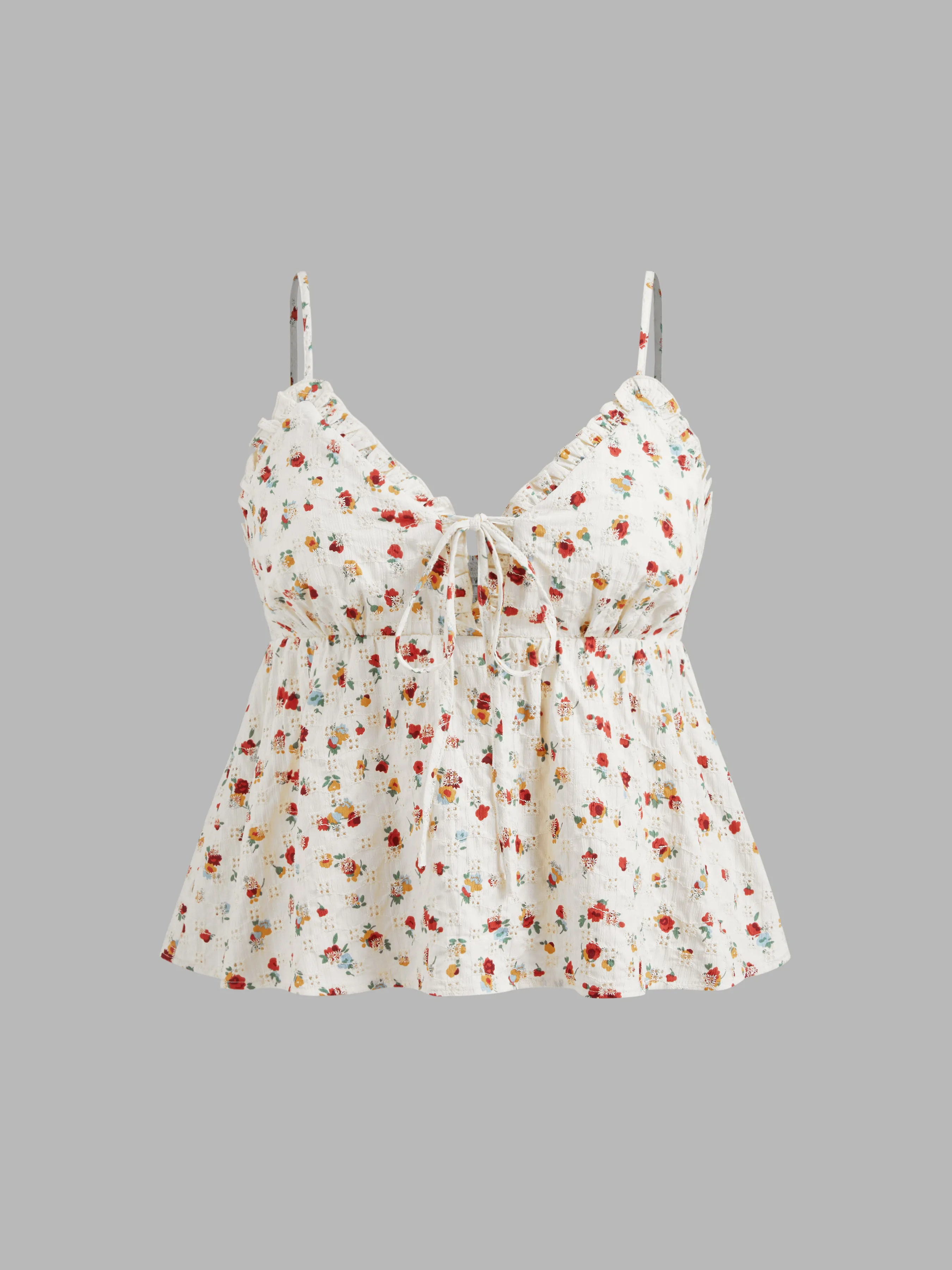 Top Cami Anudado con Ribete de Lechuga y Estampado Floral de Corazón Tejido Curvy