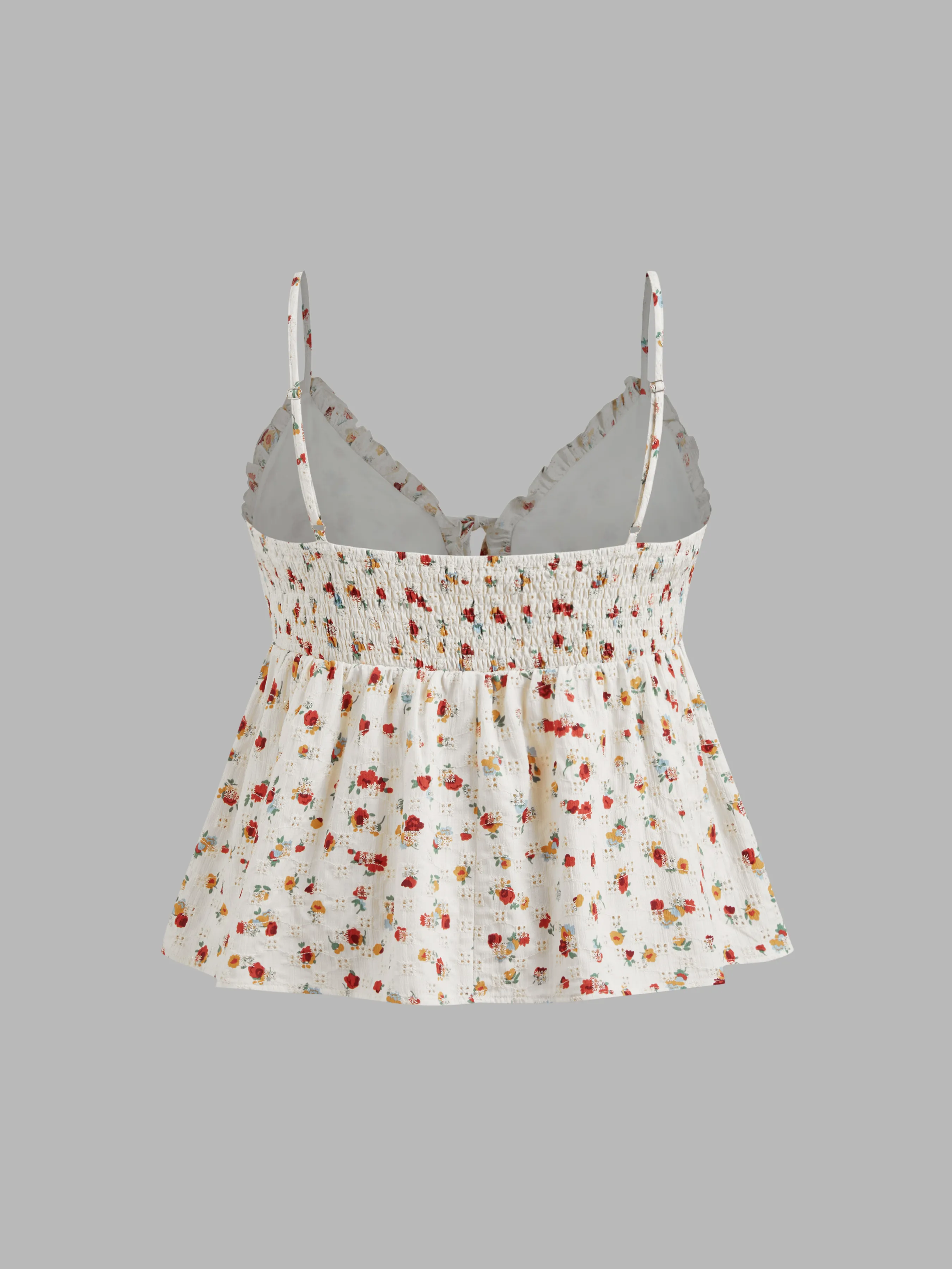 Top Cami Anudado con Ribete de Lechuga y Estampado Floral de Corazón Tejido Curvy
