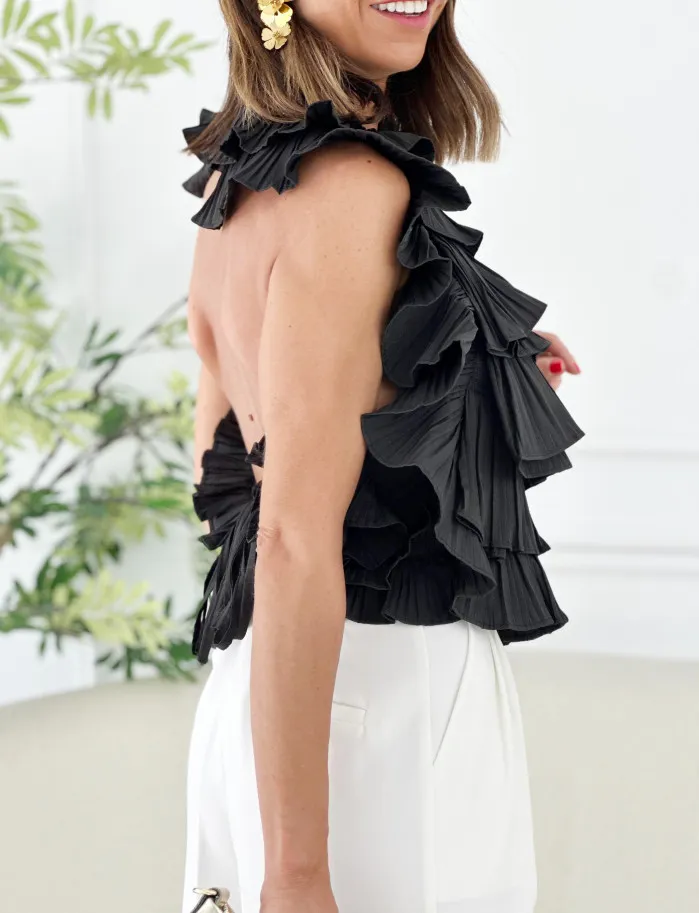 Top cisne plisado negro