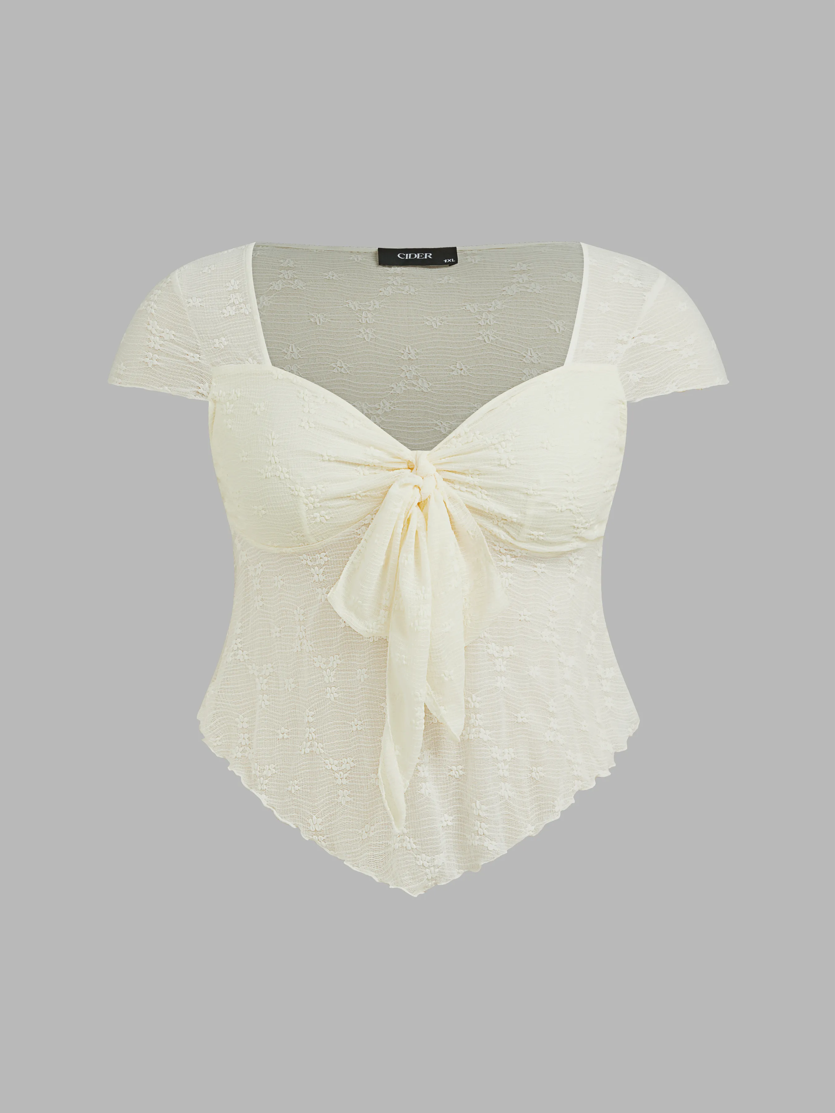 Top de manga corta anudado con encaje y estampado floral Curvy