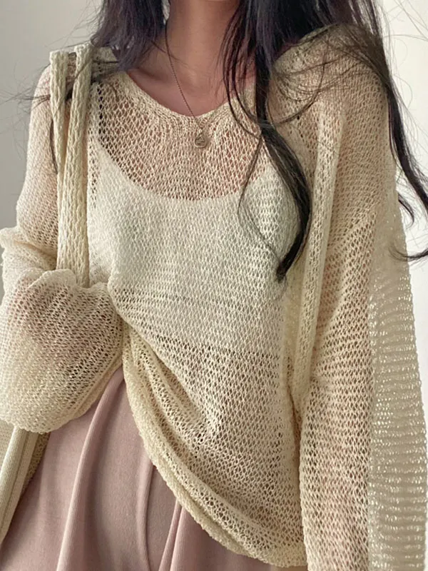 Top de punto de crochet de manga larga de gran tamaño