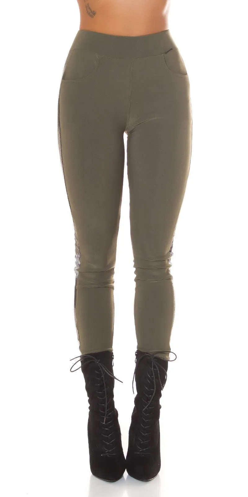 Treggings cintura alta con brillo khaki