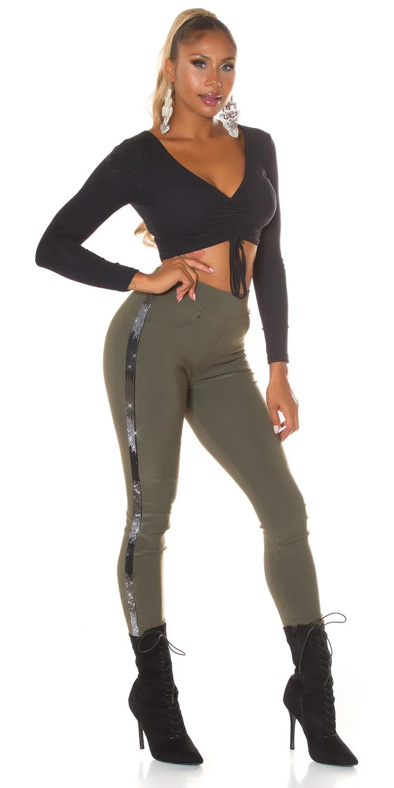 Treggings cintura alta con brillo khaki