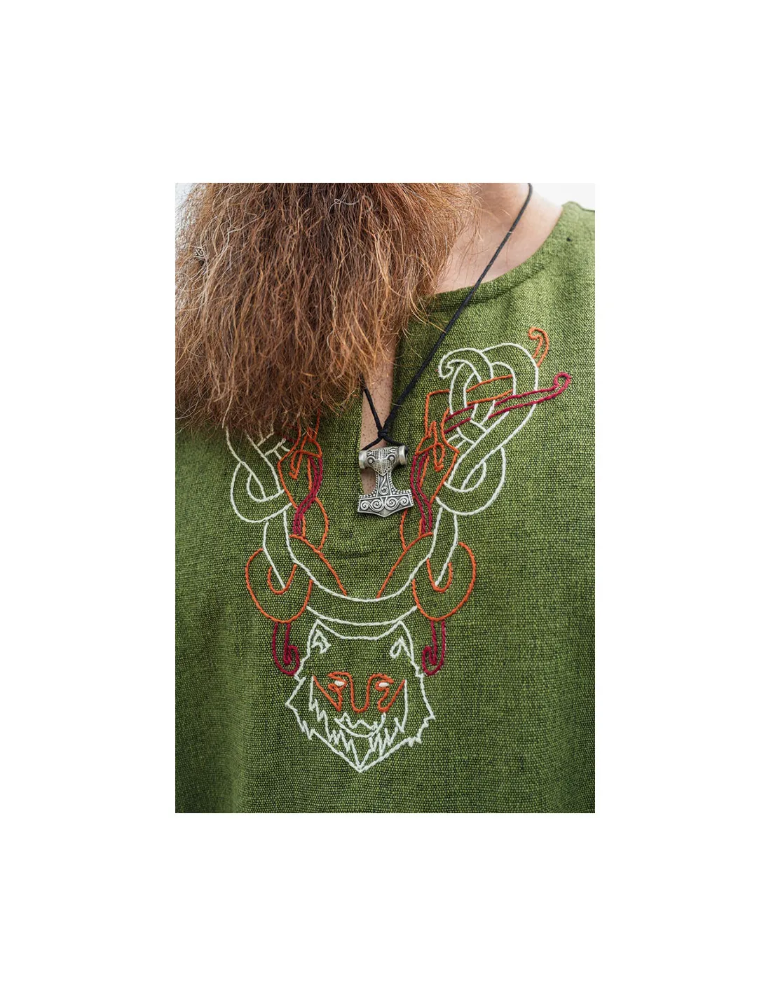 Túnica vikinga Freki con bordados a mano, color verde