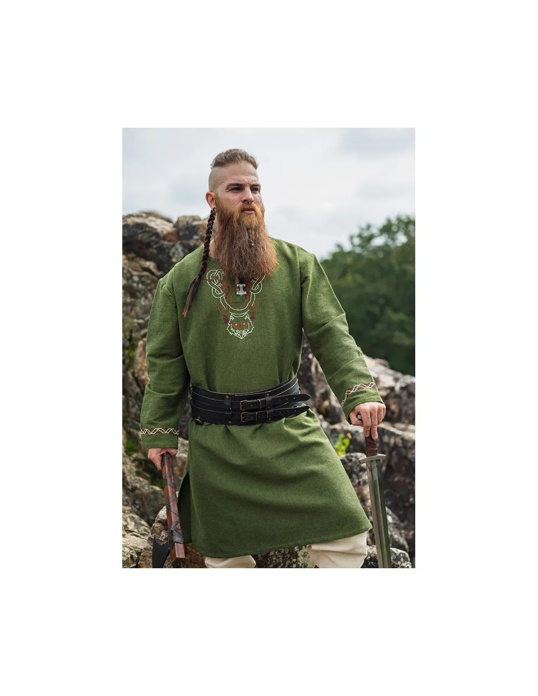 Túnica vikinga Freki con bordados a mano, color verde