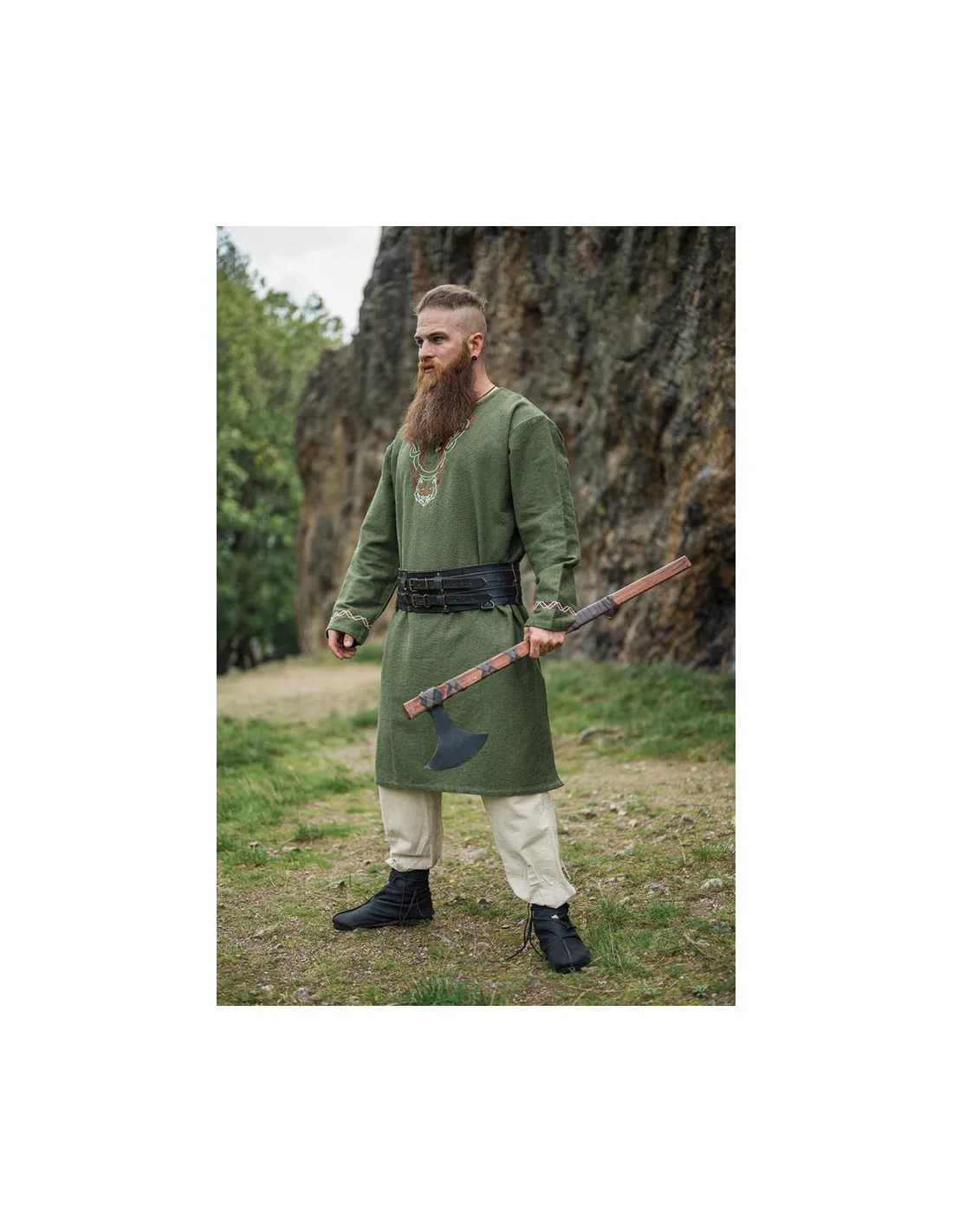 Túnica vikinga Freki con bordados a mano, color verde
