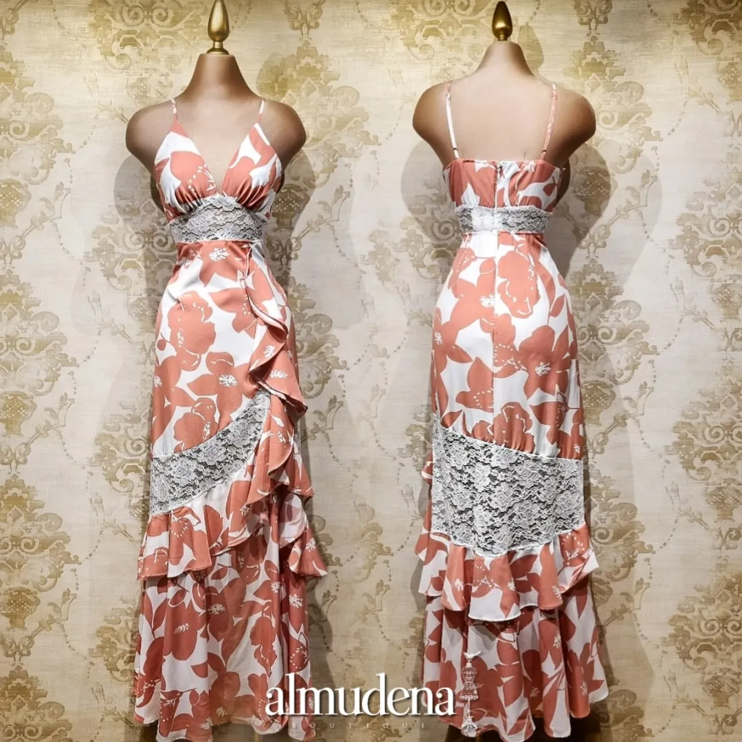 Vestido Beige con Melon Largo Estampado Flores