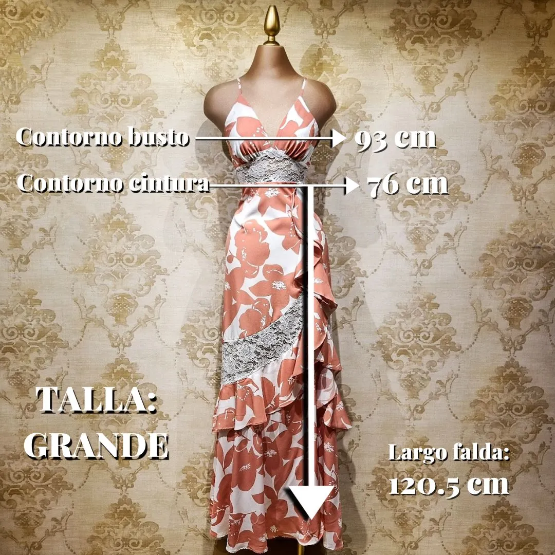 Vestido Beige con Melon Largo Estampado Flores
