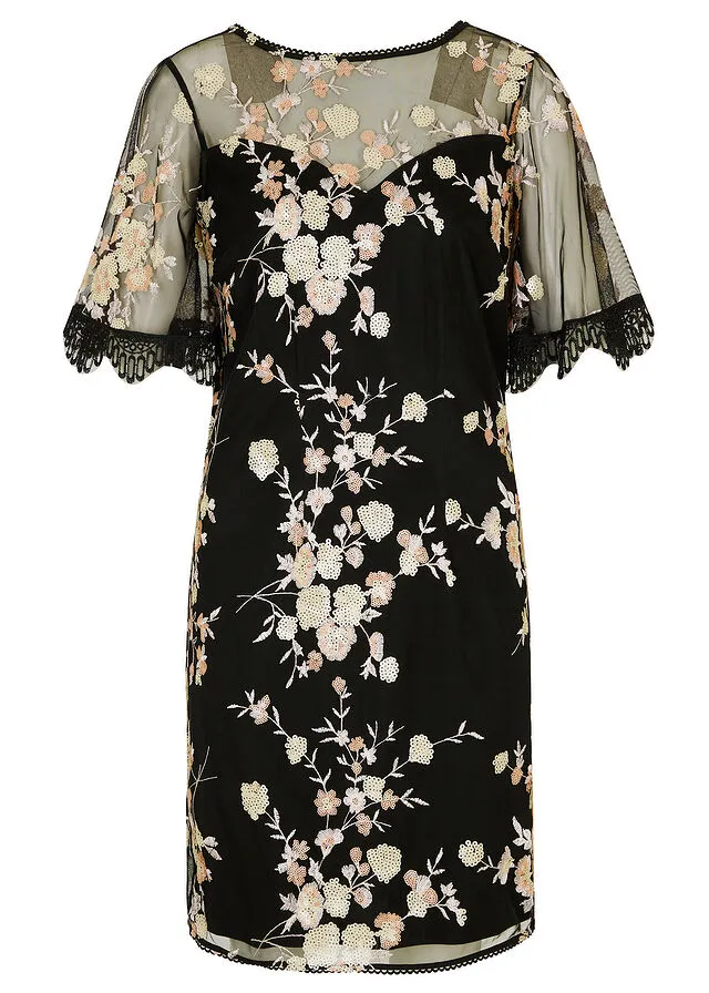 VESTIDO CON BORDADO DE LENTEJUELAS NEGROBEIGEROSA PALO DE FLORES