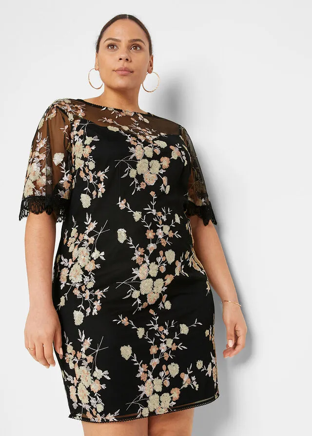 VESTIDO CON BORDADO DE LENTEJUELAS NEGROBEIGEROSA PALO DE FLORES