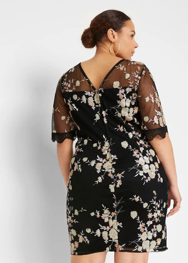 VESTIDO CON BORDADO DE LENTEJUELAS NEGROBEIGEROSA PALO DE FLORES