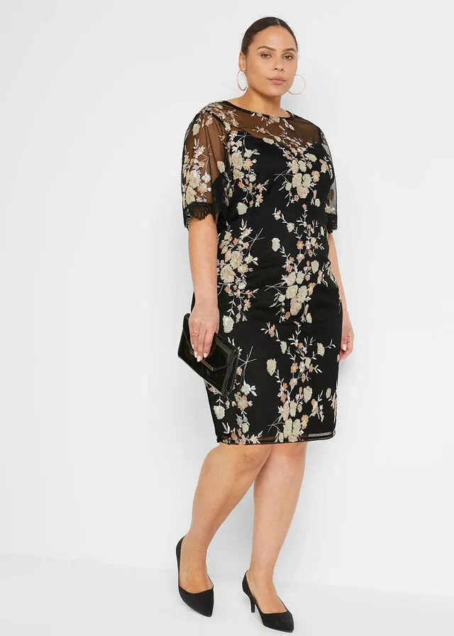 VESTIDO CON BORDADO DE LENTEJUELAS NEGROBEIGEROSA PALO DE FLORES