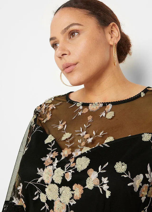 VESTIDO CON BORDADO DE LENTEJUELAS NEGROBEIGEROSA PALO DE FLORES