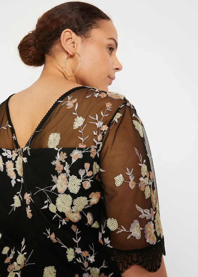 VESTIDO CON BORDADO DE LENTEJUELAS NEGROBEIGEROSA PALO DE FLORES