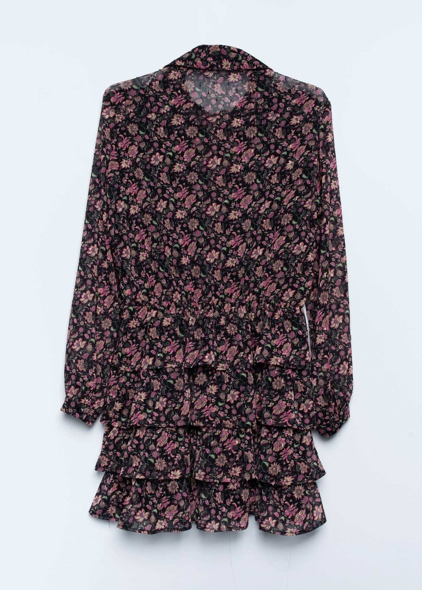 Vestido corto estampado floral con volantes para mujer negro
