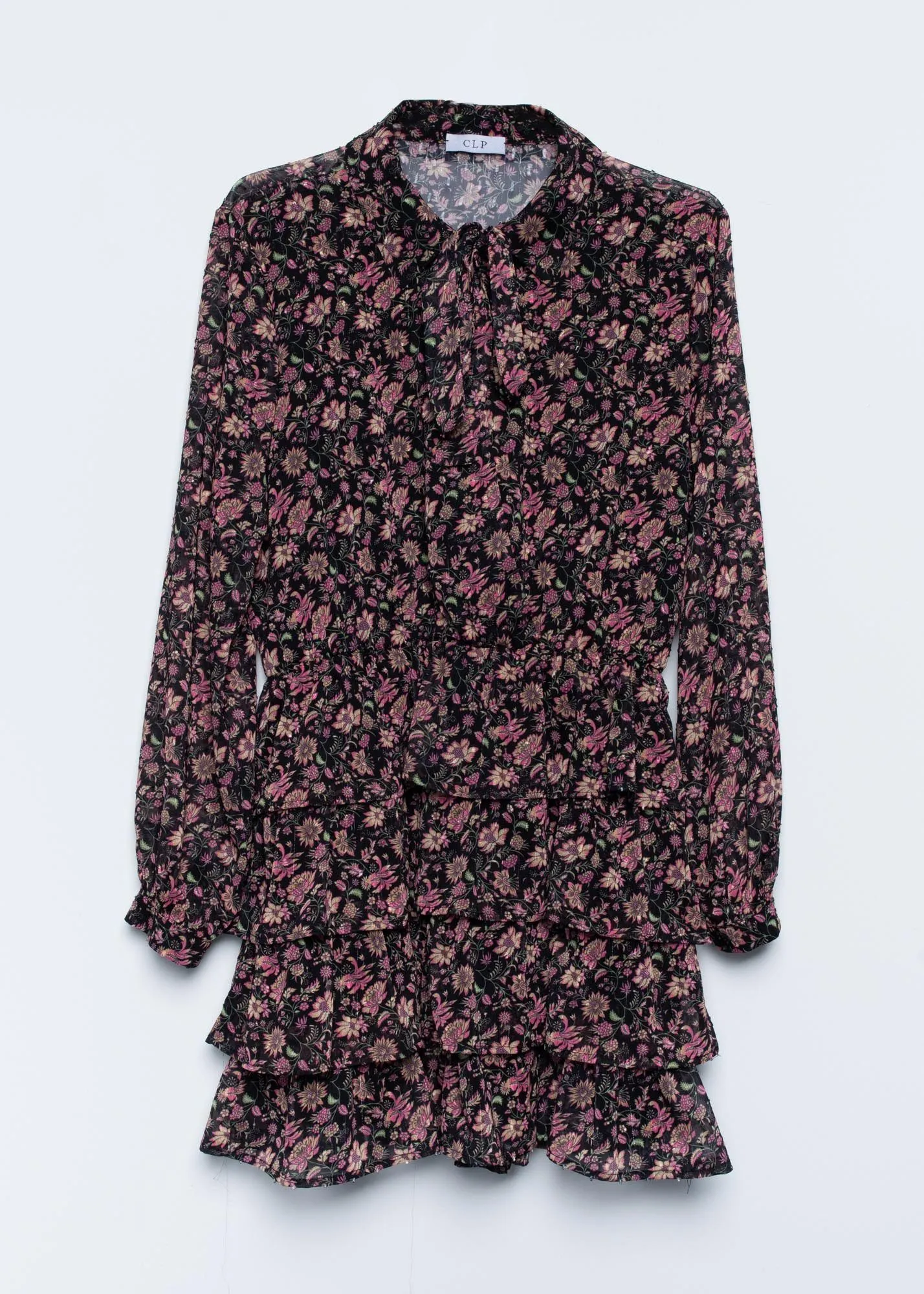 Vestido corto estampado floral con volantes para mujer negro