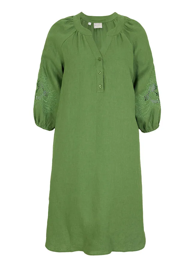 Vestido de lino con bordado calado verde cactus
