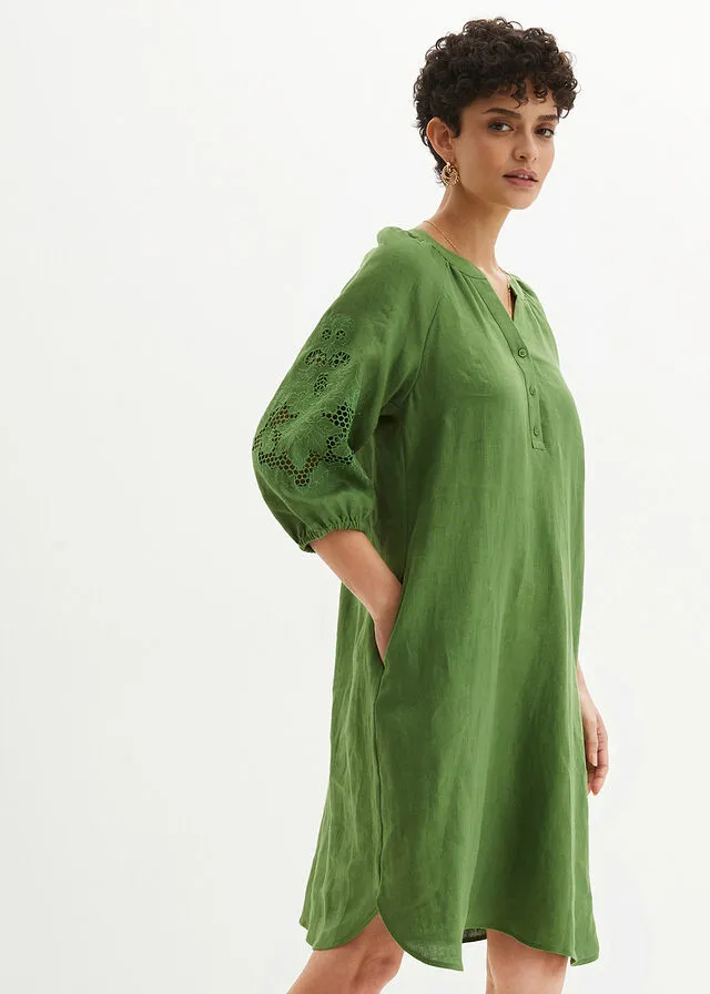 Vestido de lino con bordado calado verde cactus