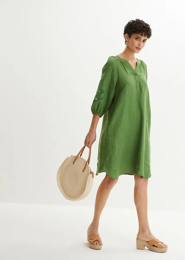 Vestido de lino con bordado calado verde cactus