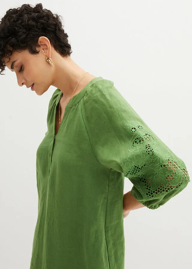Vestido de lino con bordado calado verde cactus