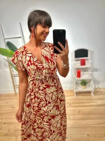 Vestido Estampado Hojas BORELA Burdeos