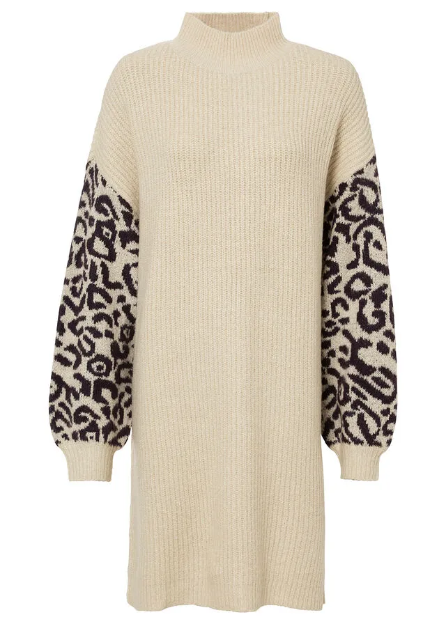 VESTIDO HOLGADO DE PUNTO CON ESTAMPADO DE LEOPARDO ARENA JASPEADONEGRO CON ESTAMPADO DE LEOPARDO