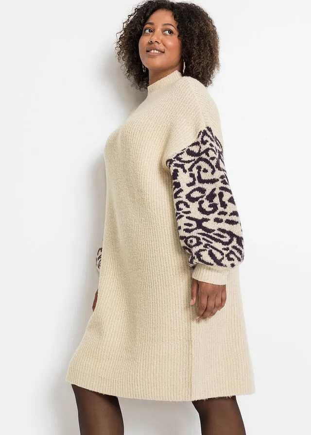 VESTIDO HOLGADO DE PUNTO CON ESTAMPADO DE LEOPARDO ARENA JASPEADONEGRO CON ESTAMPADO DE LEOPARDO