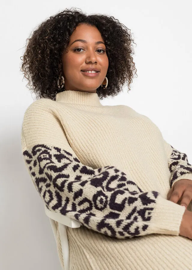 VESTIDO HOLGADO DE PUNTO CON ESTAMPADO DE LEOPARDO ARENA JASPEADONEGRO CON ESTAMPADO DE LEOPARDO