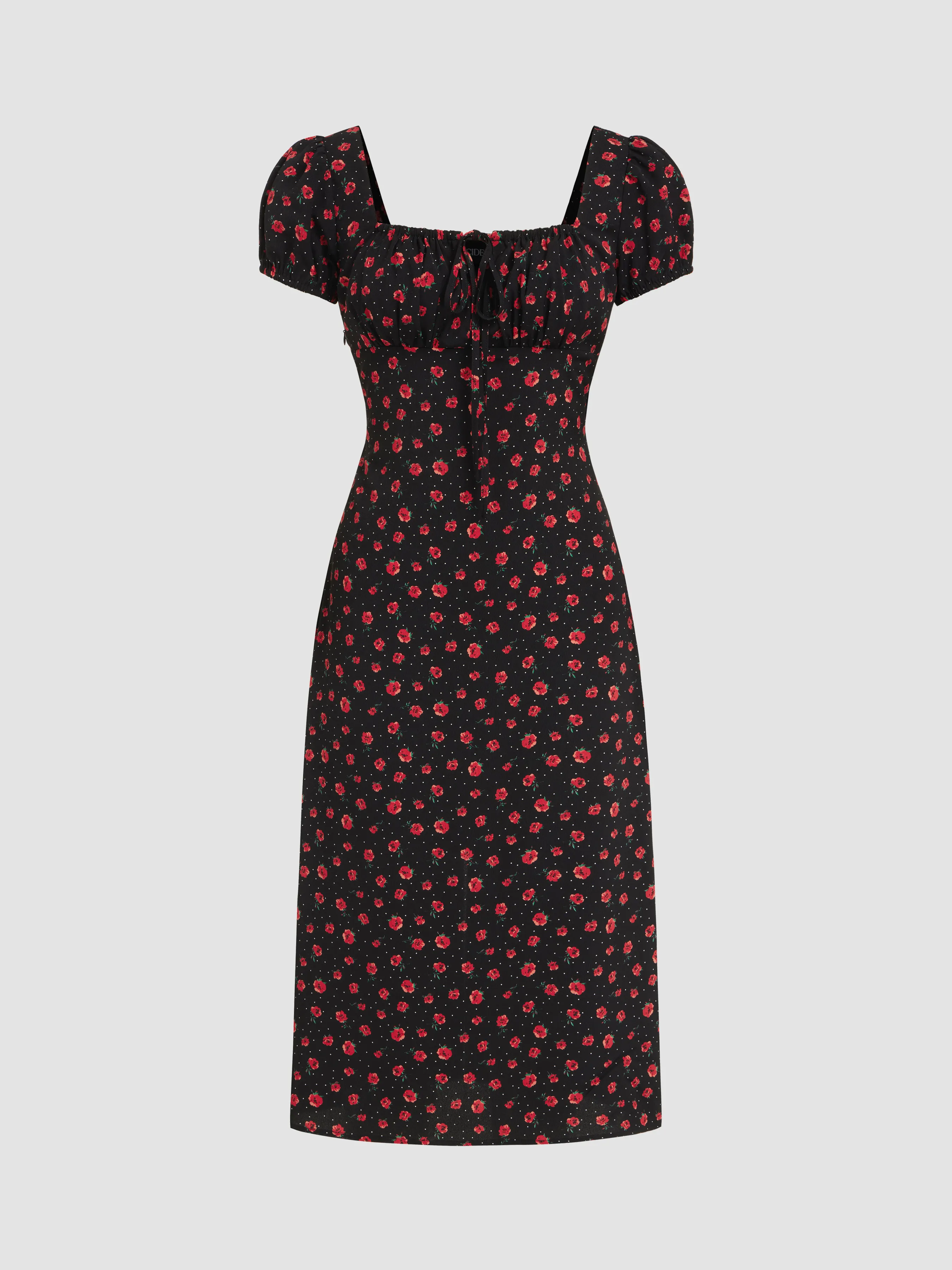  Vestido Midi de Manga Corta Anudada con Estampado Floral y Escote Cuadrado