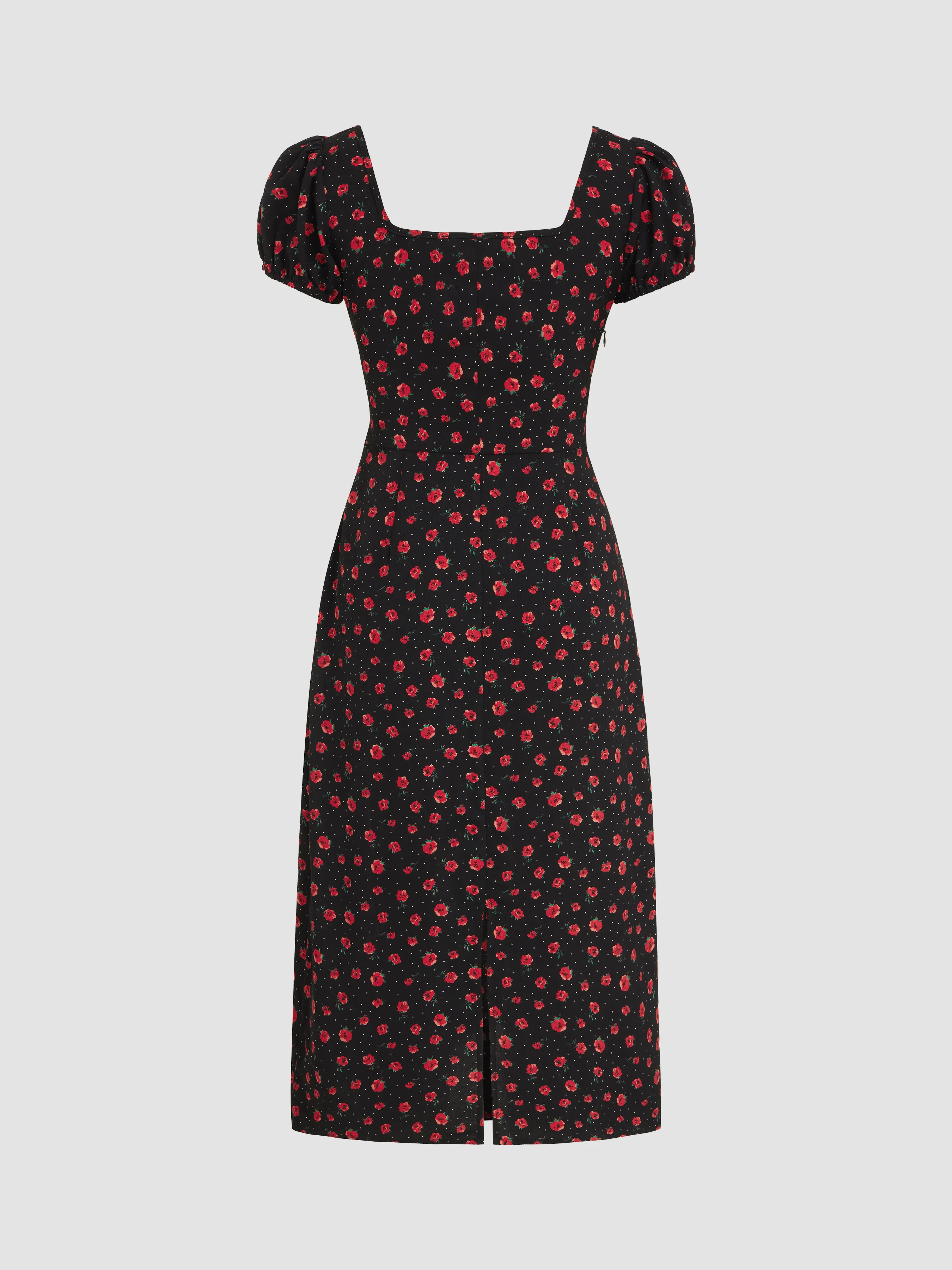  Vestido Midi de Manga Corta Anudada con Estampado Floral y Escote Cuadrado
