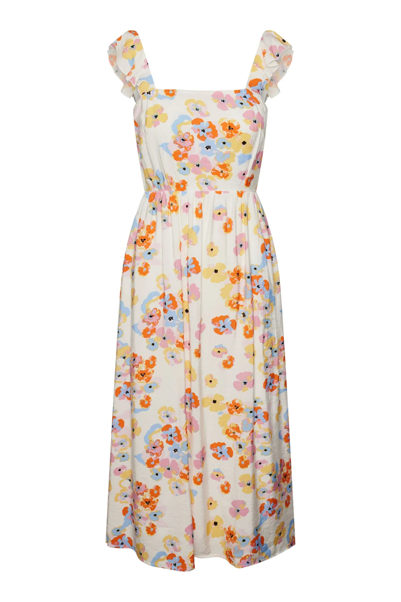 Vestido midi de tirante con volante y estampado floral.