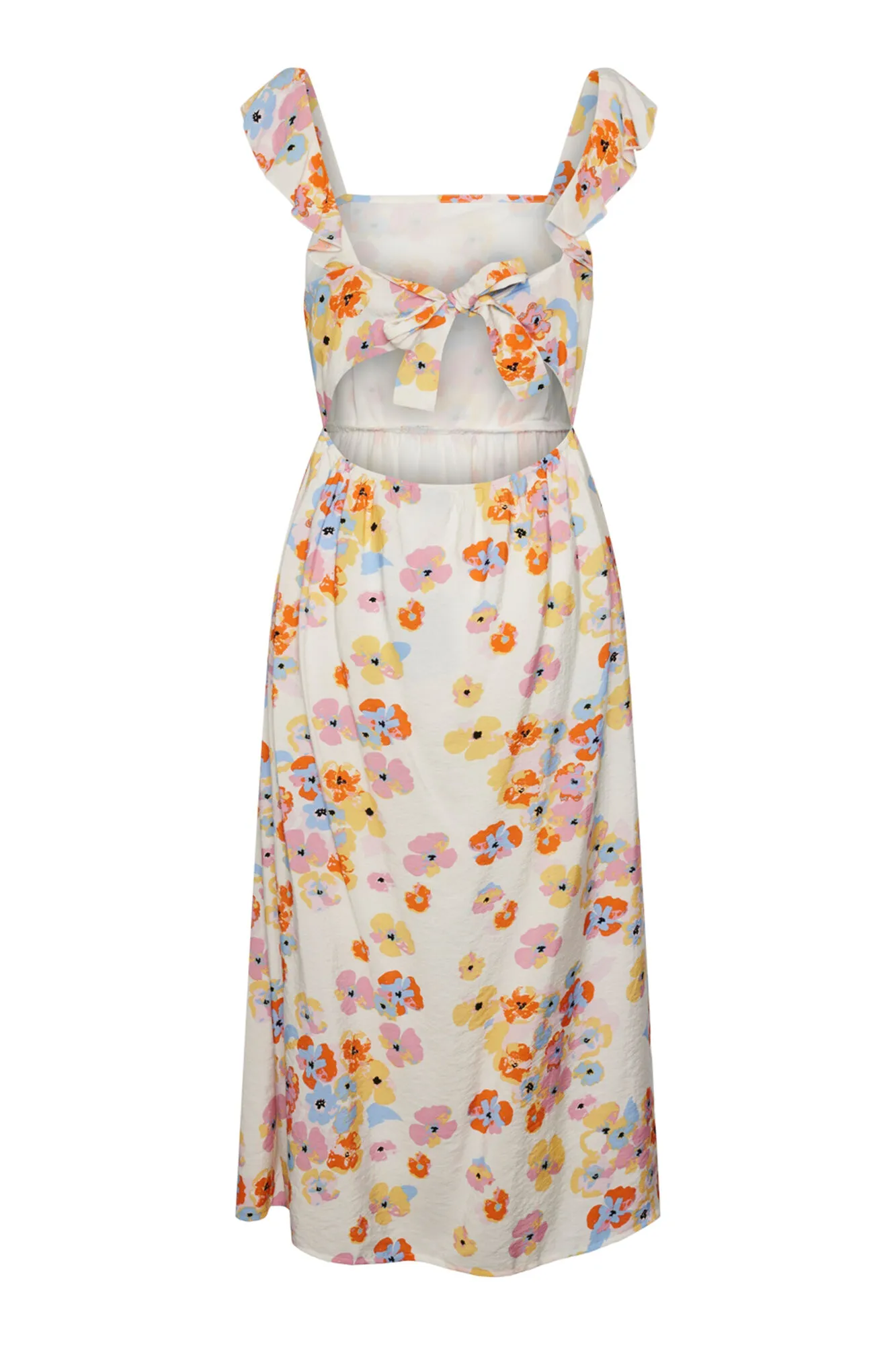 Vestido midi de tirante con volante y estampado floral.