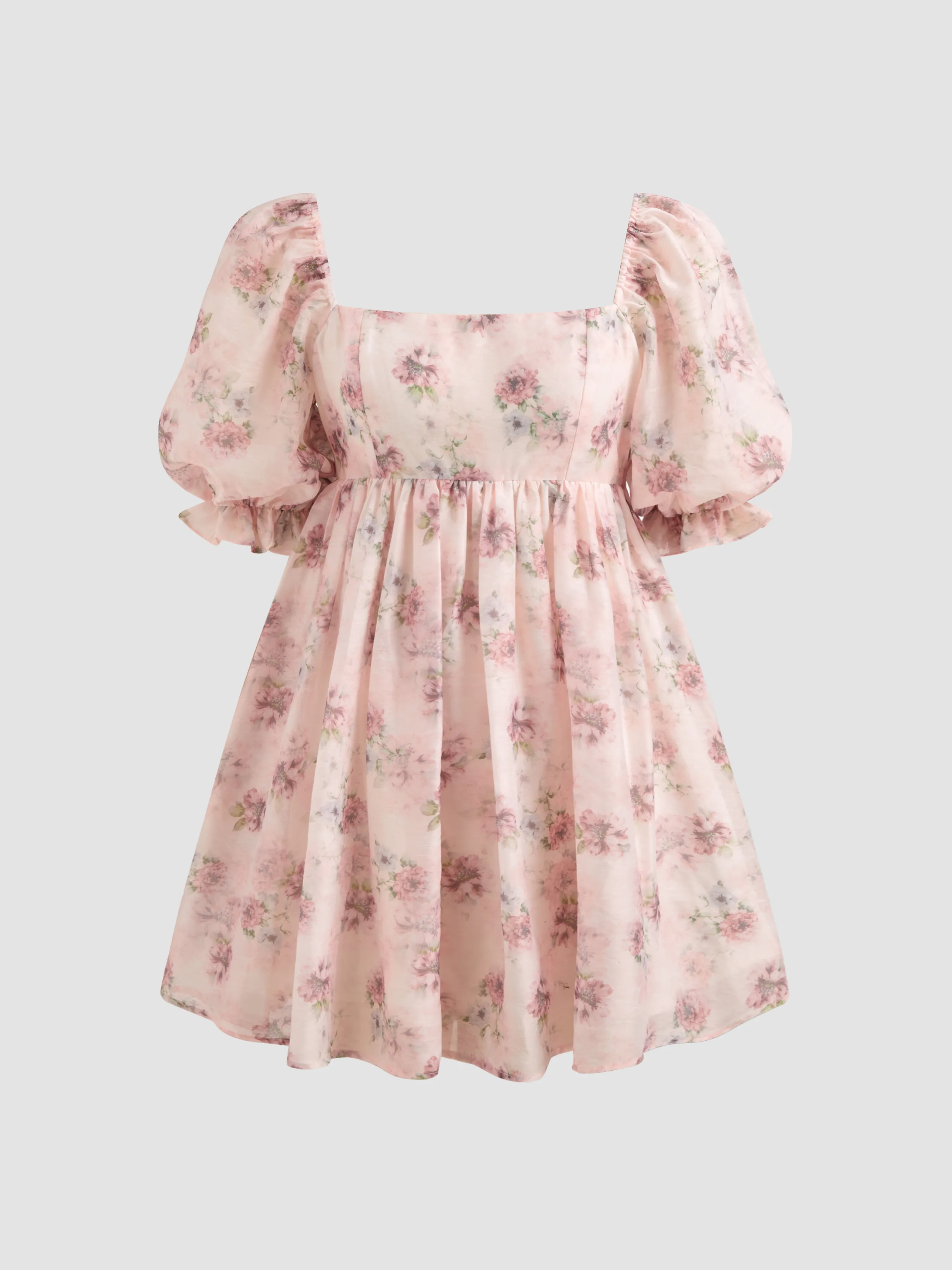 Vestido Mini de Manga Abullonada y Escote Cuadrado con Estampado Floral