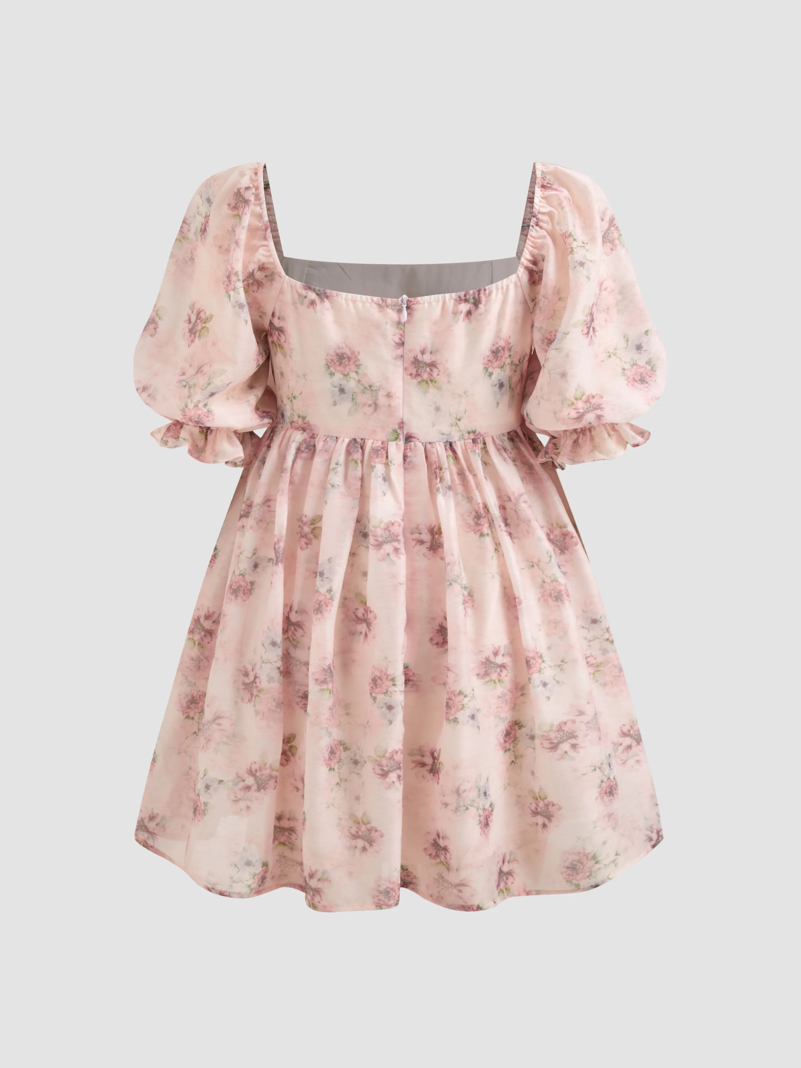 Vestido Mini de Manga Abullonada y Escote Cuadrado con Estampado Floral