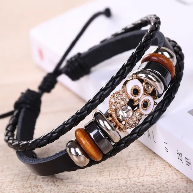 VINTAGE CRYSTAL OWL BEAD SUNFLOWER ROPE LEATHER WRISTBAND BANGLE CUFF MULTILAYER ANIMAL ACCESSORY WRAP BRACELET     