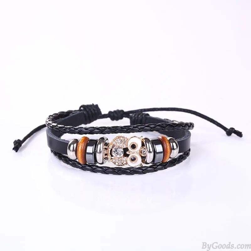 VINTAGE CRYSTAL OWL BEAD SUNFLOWER ROPE LEATHER WRISTBAND BANGLE CUFF MULTILAYER ANIMAL ACCESSORY WRAP BRACELET     