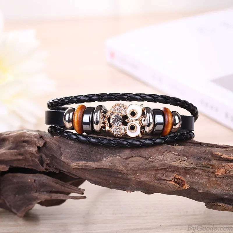 VINTAGE CRYSTAL OWL BEAD SUNFLOWER ROPE LEATHER WRISTBAND BANGLE CUFF MULTILAYER ANIMAL ACCESSORY WRAP BRACELET     