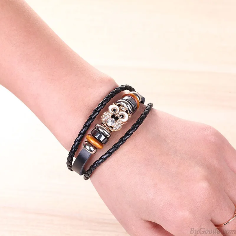VINTAGE CRYSTAL OWL BEAD SUNFLOWER ROPE LEATHER WRISTBAND BANGLE CUFF MULTILAYER ANIMAL ACCESSORY WRAP BRACELET     