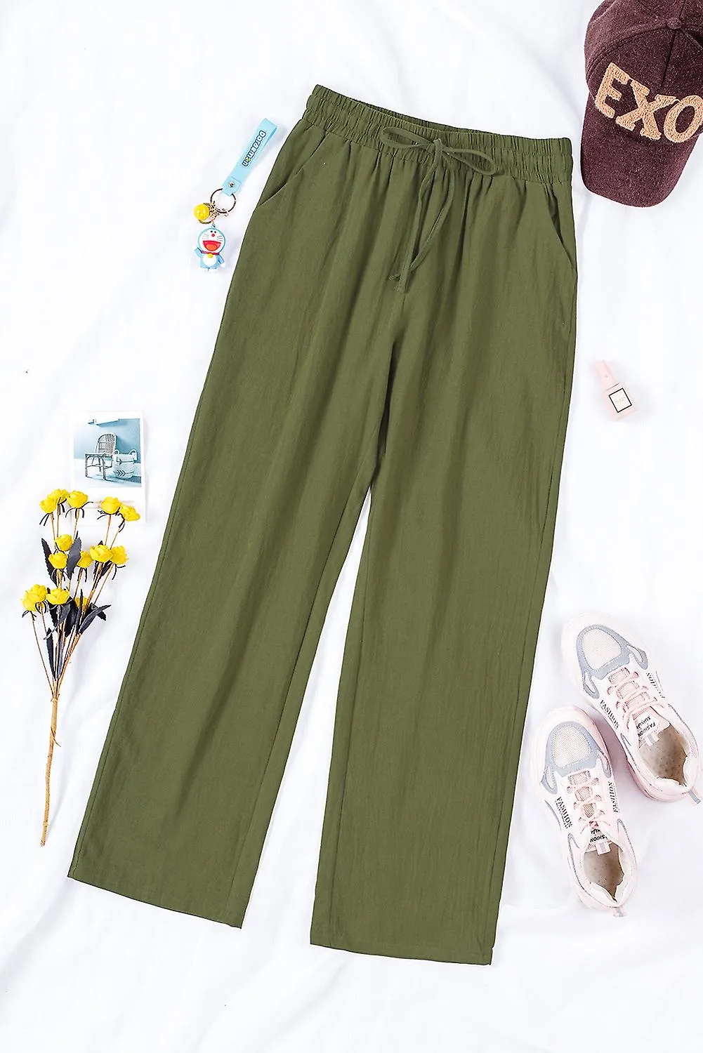 Women's Green Drawstring Elastic Waist Pockets Long Straight Legs Pants