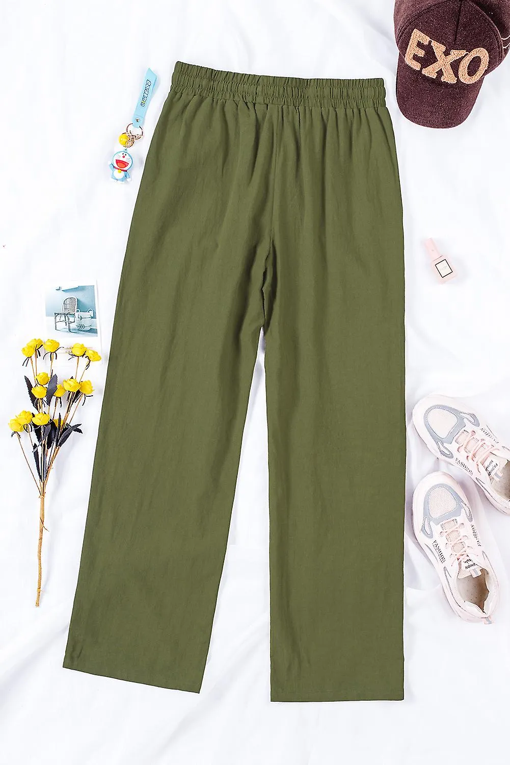 Women's Green Drawstring Elastic Waist Pockets Long Straight Legs Pants