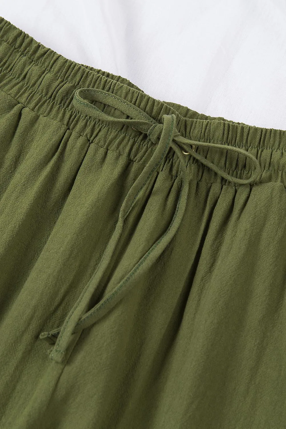 Women's Green Drawstring Elastic Waist Pockets Long Straight Legs Pants